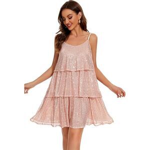 Sequin Adjustable Spaghetti Strap V Neck Layered Dress, SMALL, 5J-172D003